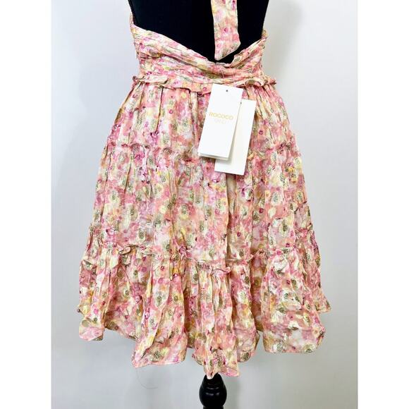 Rococo Sand Faye Mini Dress in Peach Medium Floral Sleeveless Halter Lined Party - Picture 6 of 6